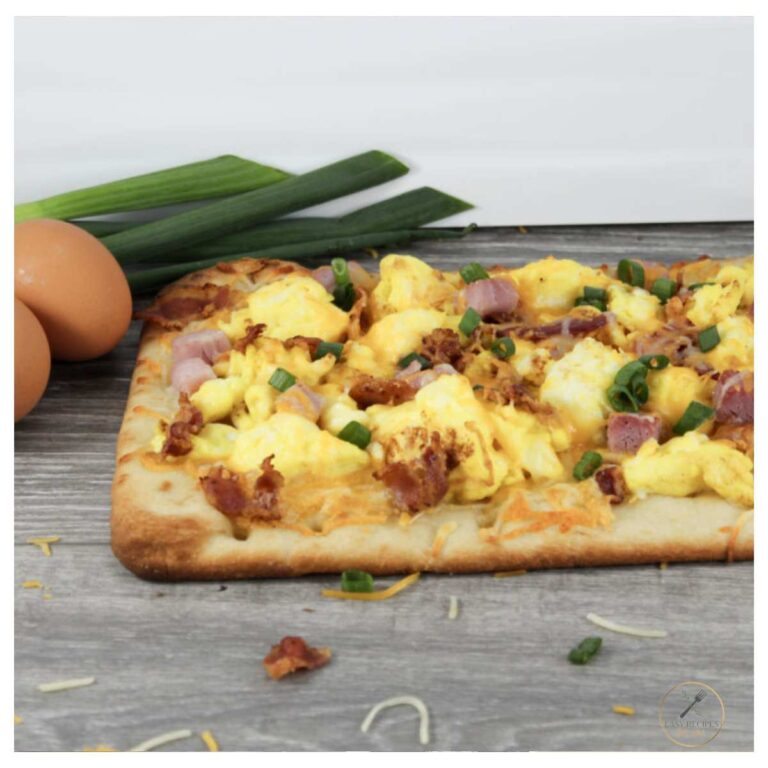 flatbread breakfast pizza on counter.