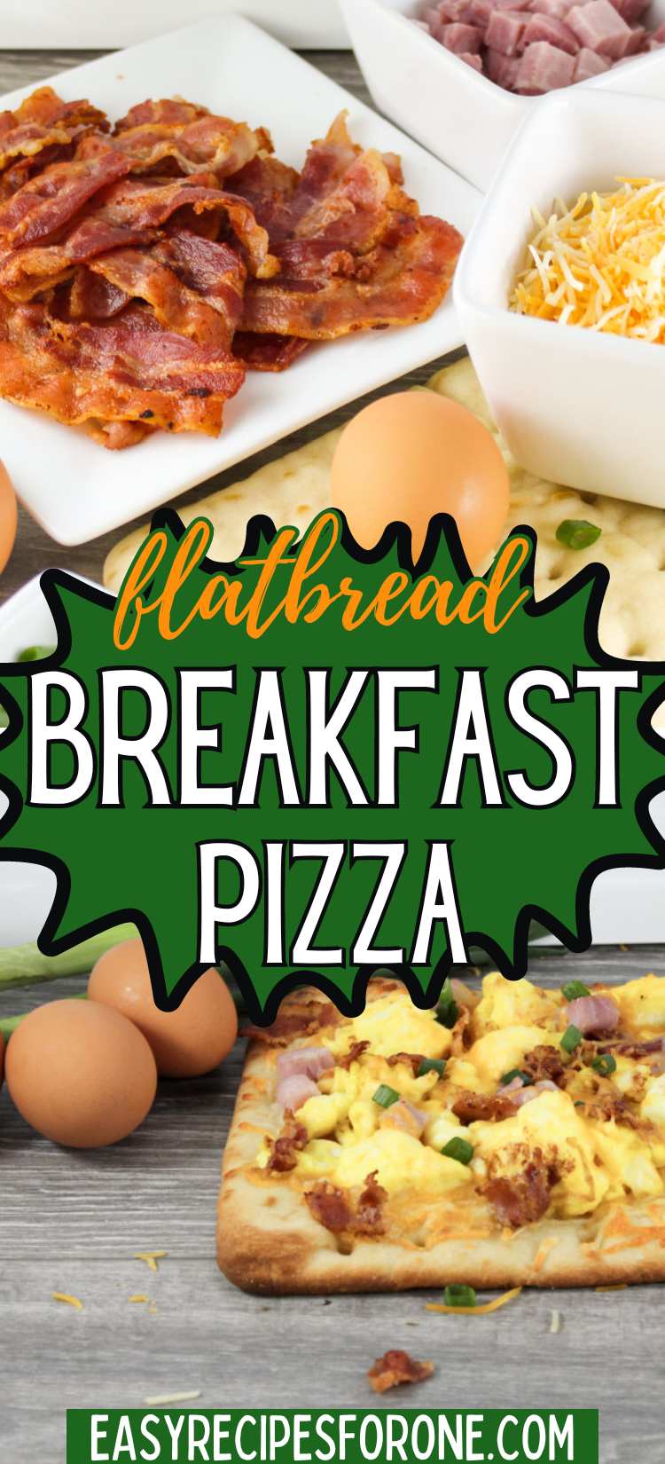 flatbread breakfast pizza with ingredients.