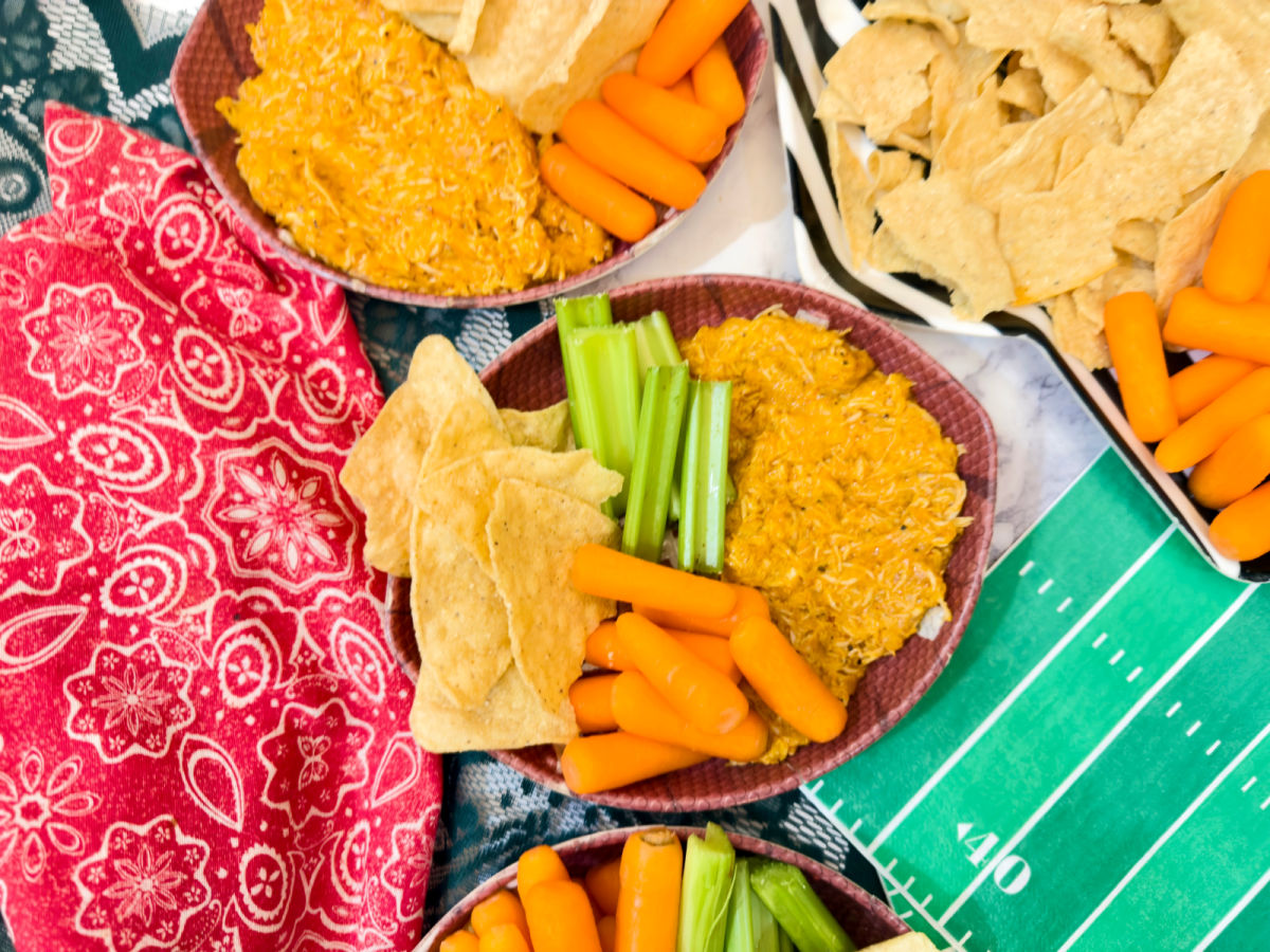 full view of buffalo chicken wing dip with rotisserie chicken 