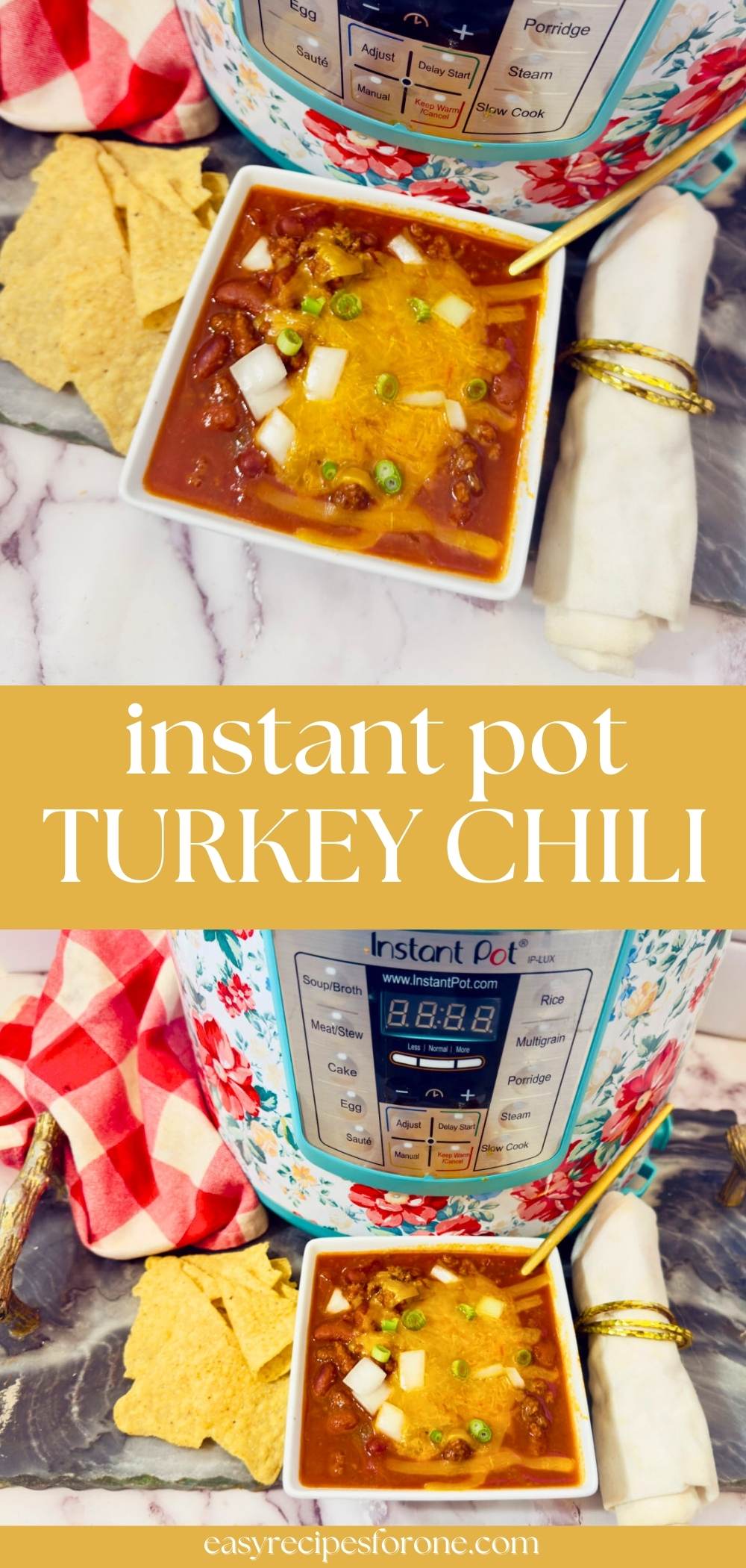 Easy Instant Pot Turkey Chili in white bowl on marble counter