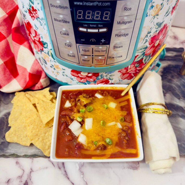 Easy Instant Pot Turkey Chili in white bowl