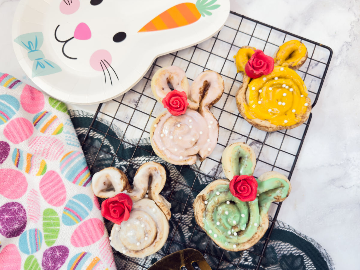 close up of easter bunny cinnamon rolls