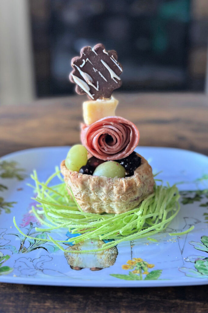 individual charcuterie with chocolate flower for spring