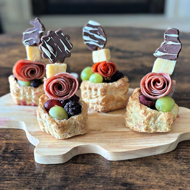 bunny cutting board with individual charcuterie cups for Easter