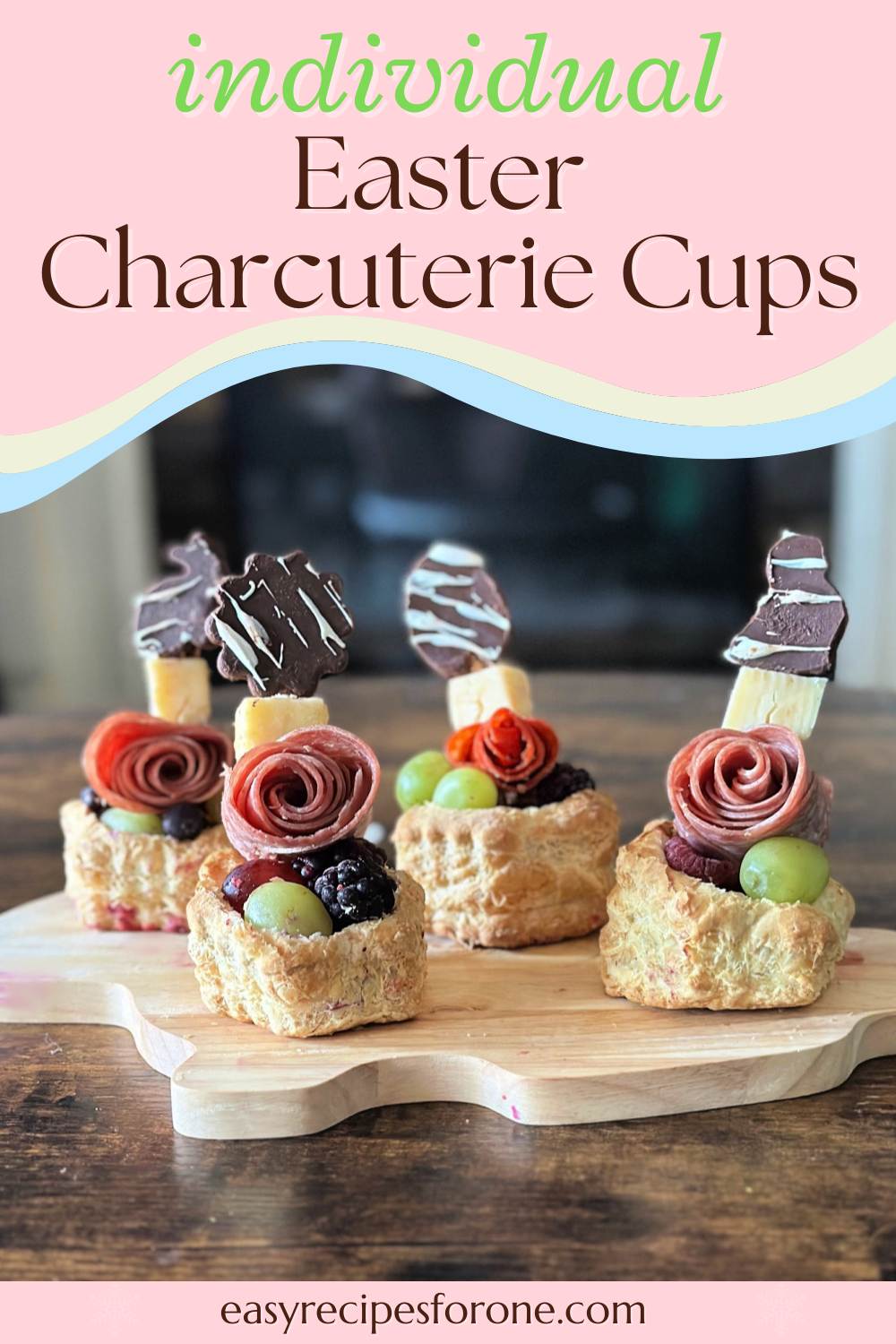 vertical image with 4 individual charcuterie cups