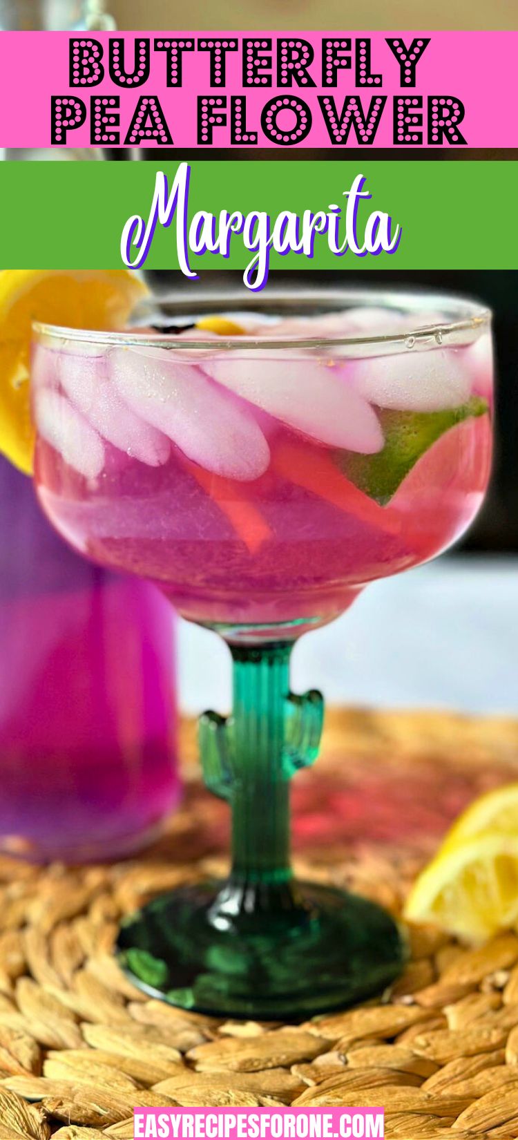butterfly pea flower margarita in cactus glass