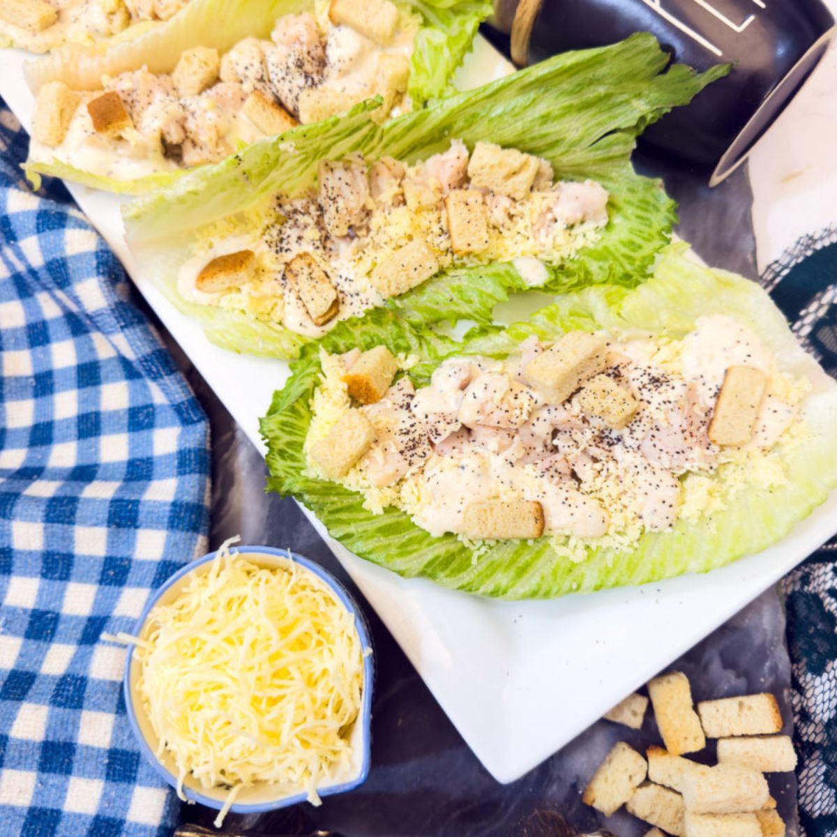 top view of chicken caesar lettuce boats