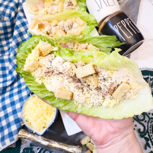 close up of chicken caesar lettuce boats