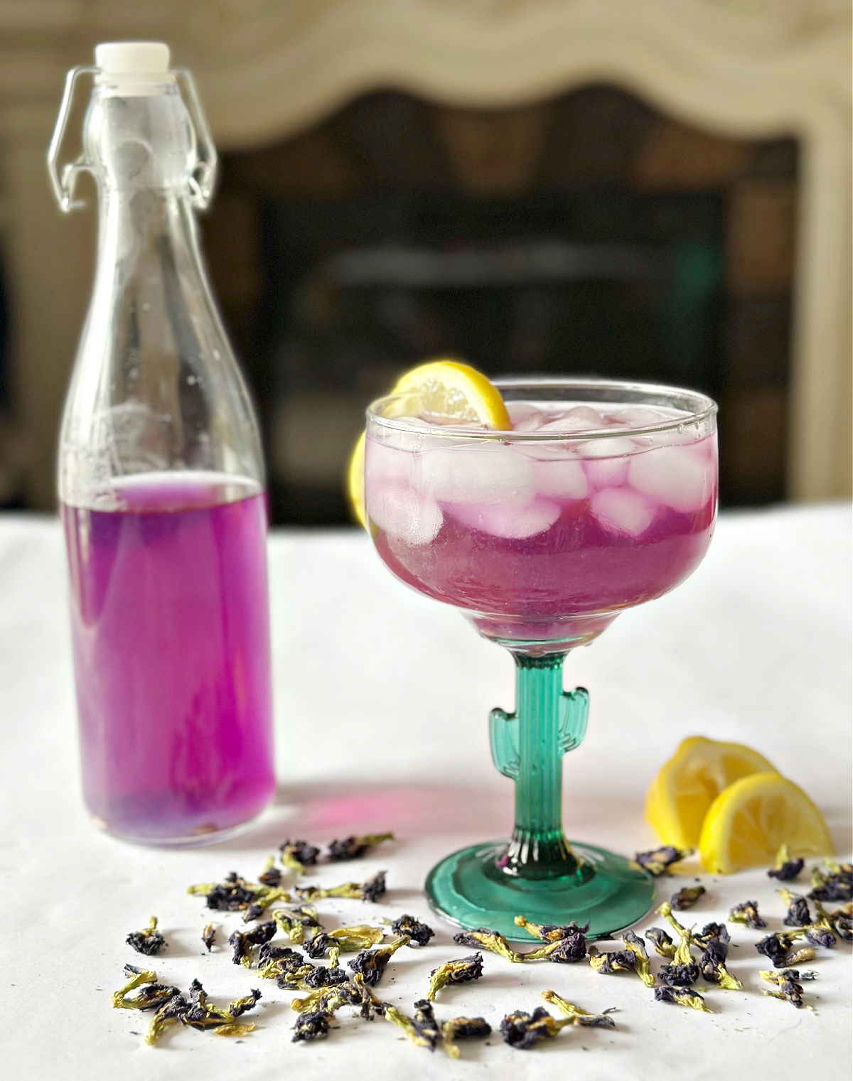 front view of purple margarita with butterfly pea flowers