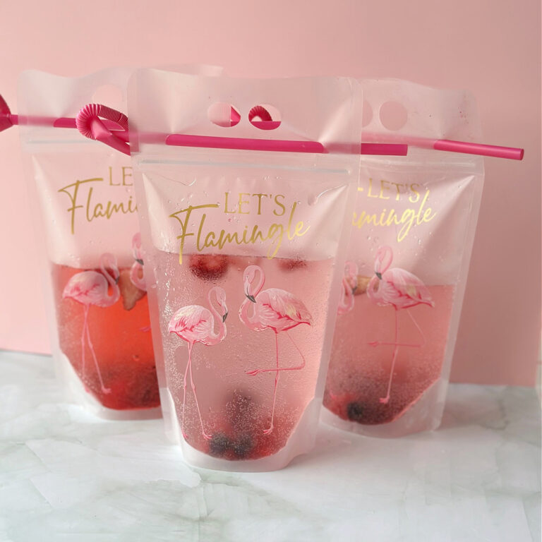 3 adult drink pouches with flamingos