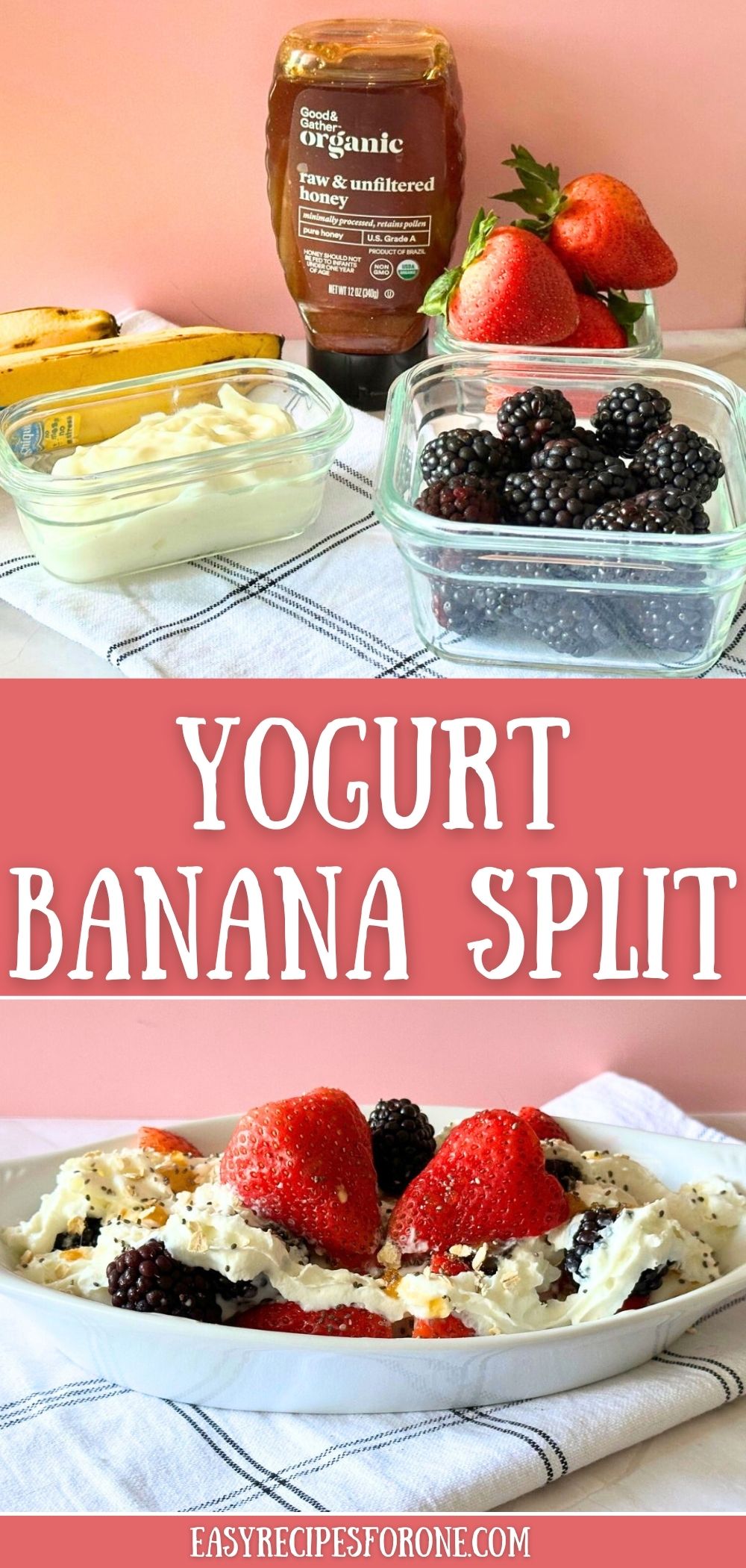 2 image collage with yogurt banana split
