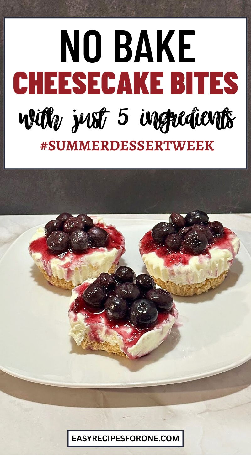 vertical image with no bake cheesecakes with blueberry sauce