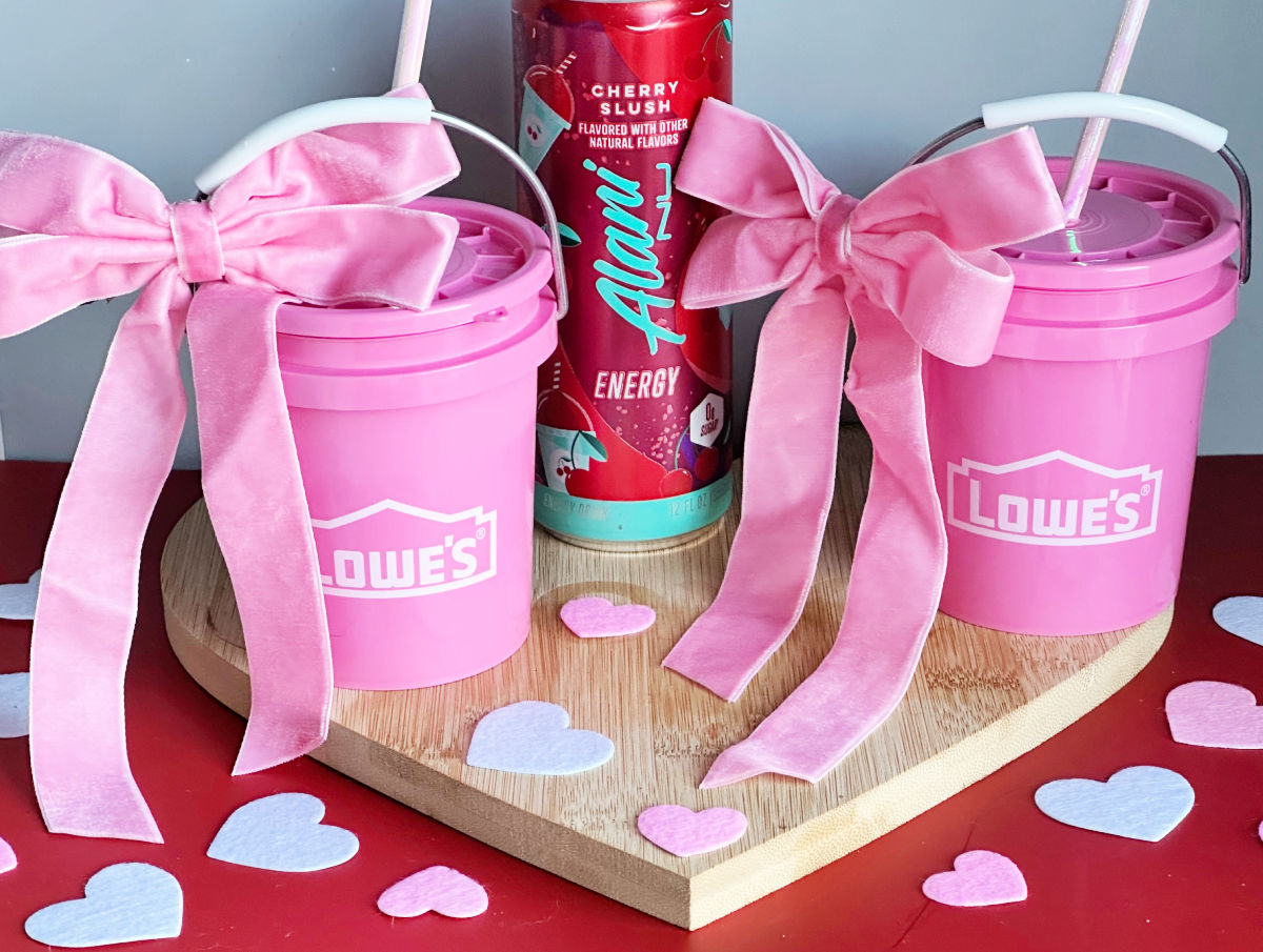 2 pink lowes mini bucket drinks with bows for Valentines day
